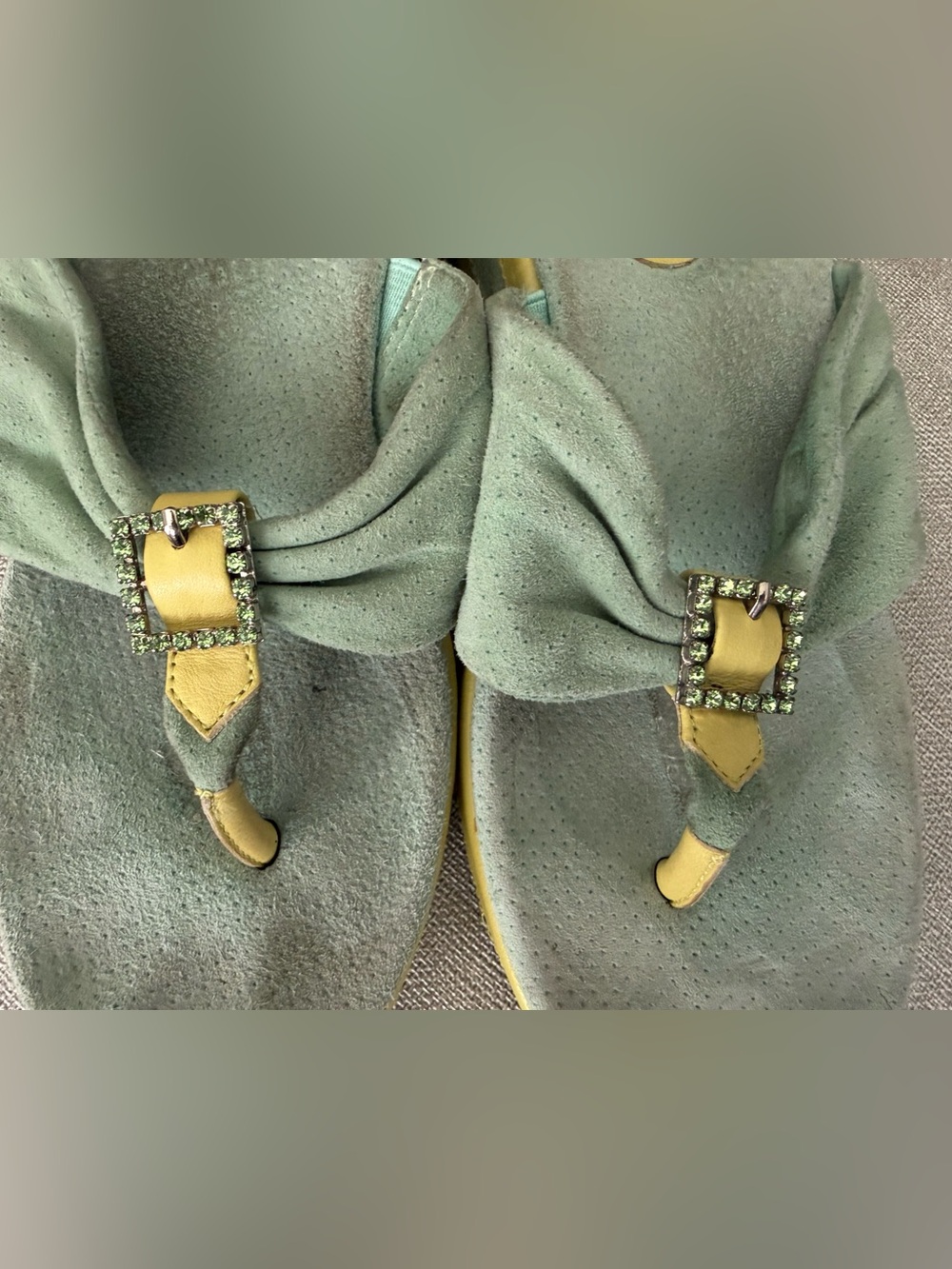 Donald J. Pliner Misty Green & Yellow Thong Wedge Sandals with Decorative Buckle - Picture 10 of 14